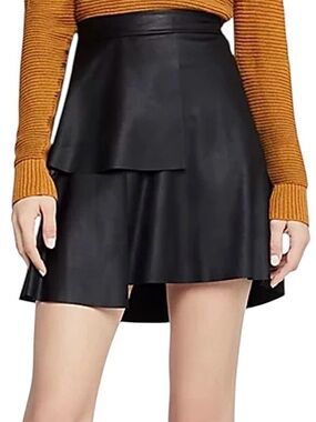 NWT Women’s Faux Leather Skirt Black A-line Asymmetrical Hem & Tiered Front Sz M